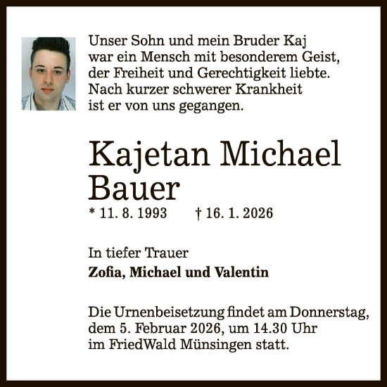 Anzeige von Kajetan Michael Bauer von Reutlinger General-Anzeiger