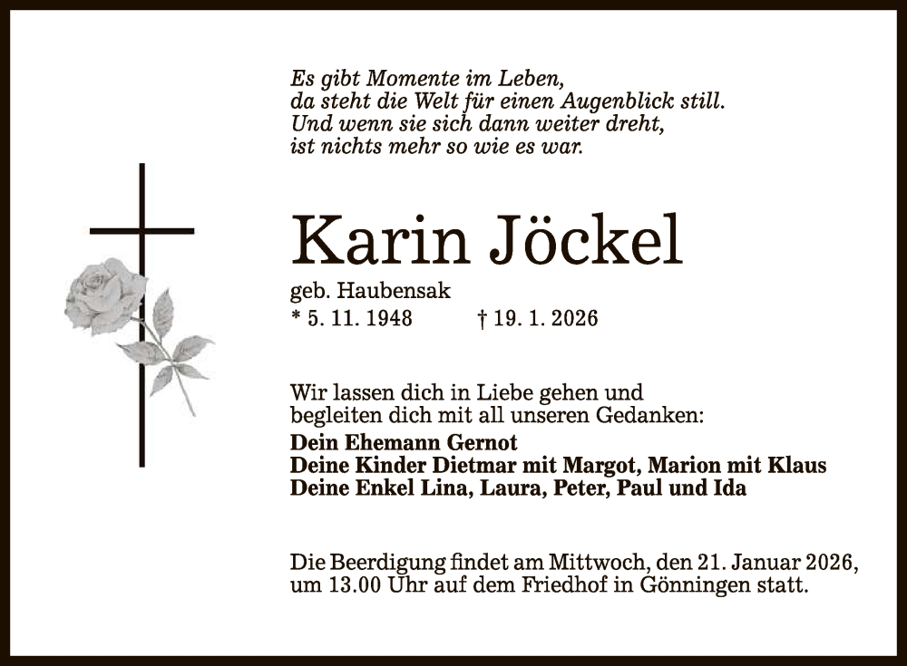  Traueranzeige für Karin Jöckel vom 20.01.2026 aus Reutlinger General-Anzeiger