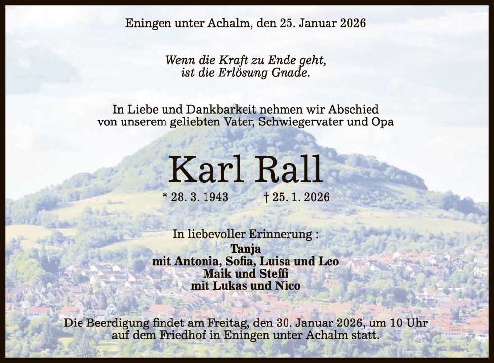  Traueranzeige für Karl Rall vom 28.01.2026 aus Reutlinger General-Anzeiger