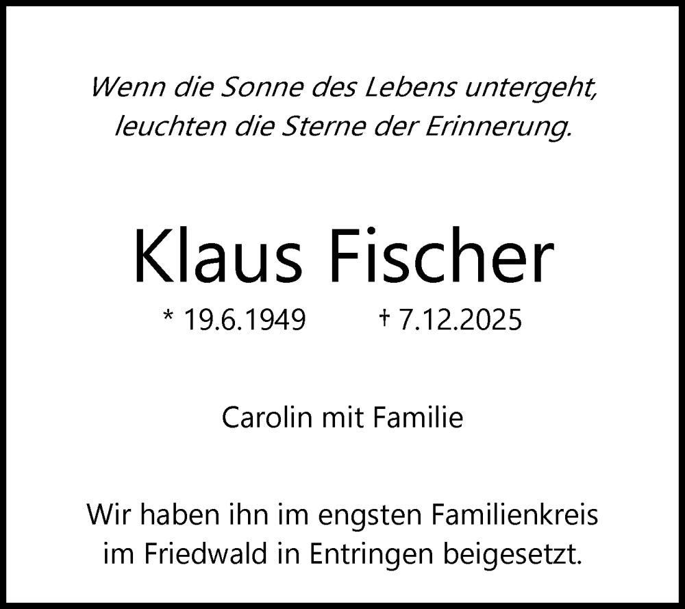  Traueranzeige für Klaus Fischer vom 24.01.2026 aus Reutlinger General-Anzeiger