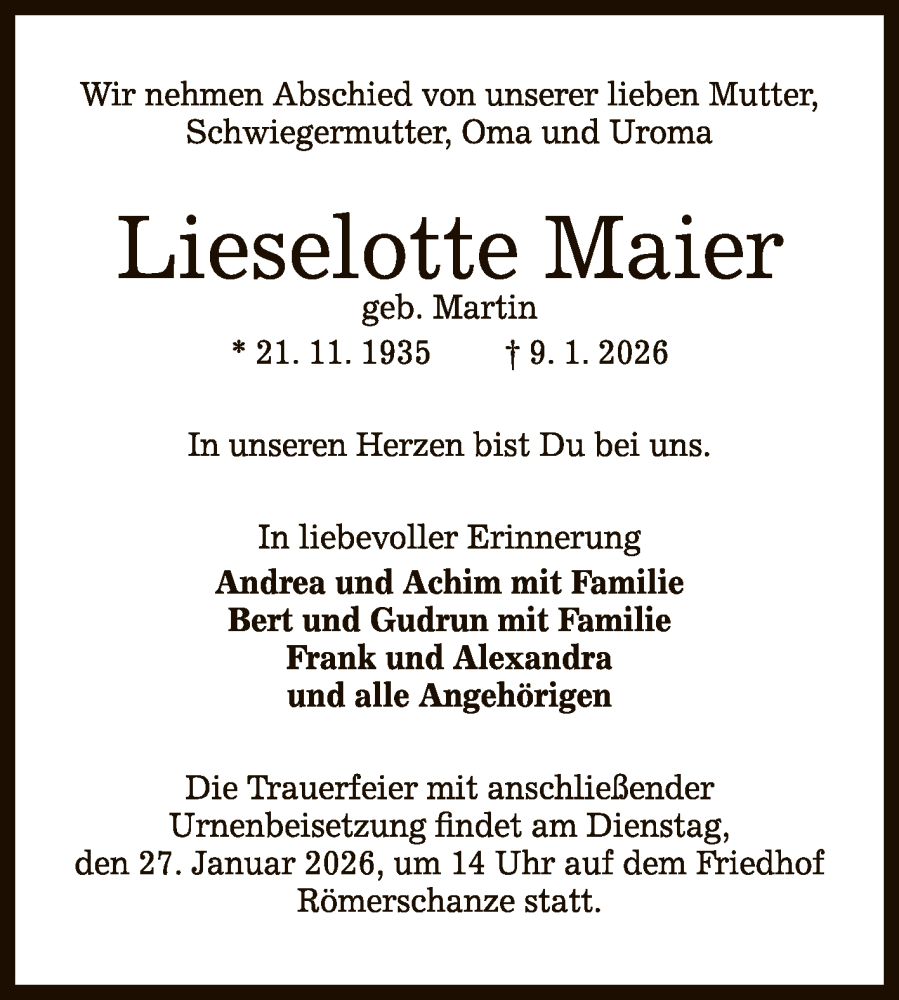  Traueranzeige für Lieselotte Maier vom 17.01.2026 aus Reutlinger General-Anzeiger
