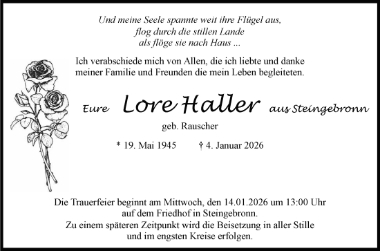 Anzeige von Lore Haller von Reutlinger General-Anzeiger