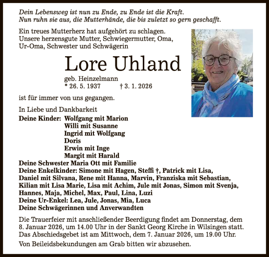 Anzeige von Lore Uhland von Reutlinger General-Anzeiger