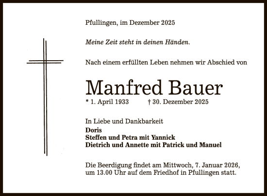 Anzeige von Manfred Bauer von Reutlinger General-Anzeiger