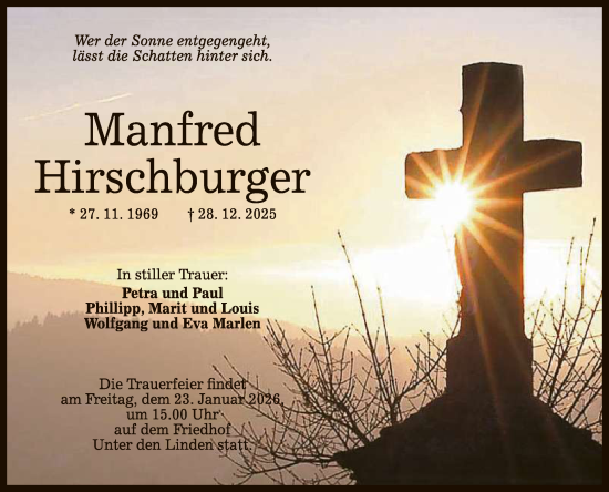 Anzeige von Manfred Hirschburger von Reutlinger General-Anzeiger