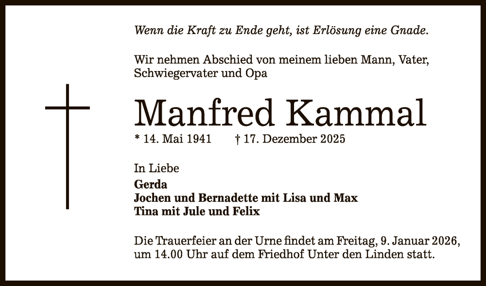  Traueranzeige für Manfred Kammal vom 03.01.2026 aus Reutlinger General-Anzeiger