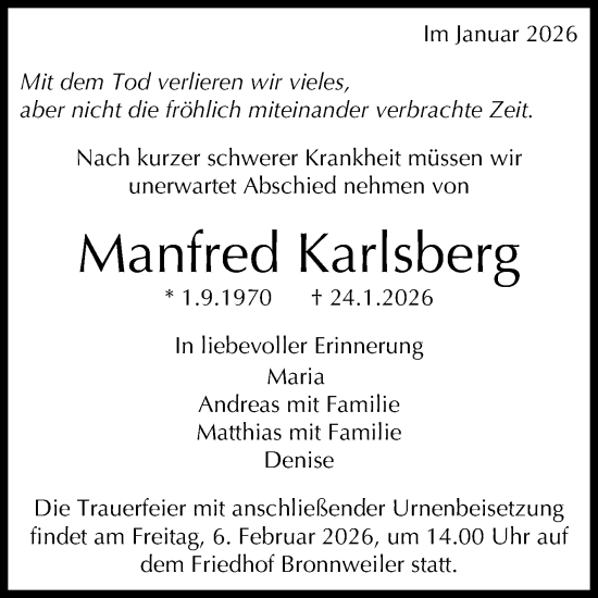 Anzeige von Manfred Karlsberg von Reutlinger General-Anzeiger
