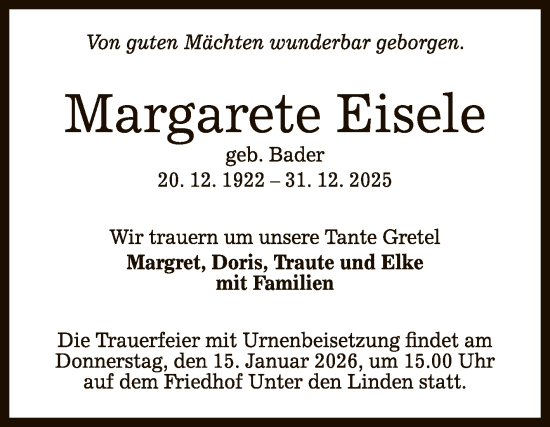 Anzeige von Margarete Eisele von Reutlinger General-Anzeiger