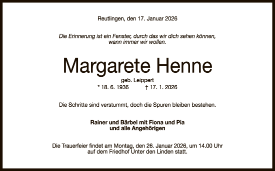 Anzeige von Margarete Henne von Reutlinger General-Anzeiger