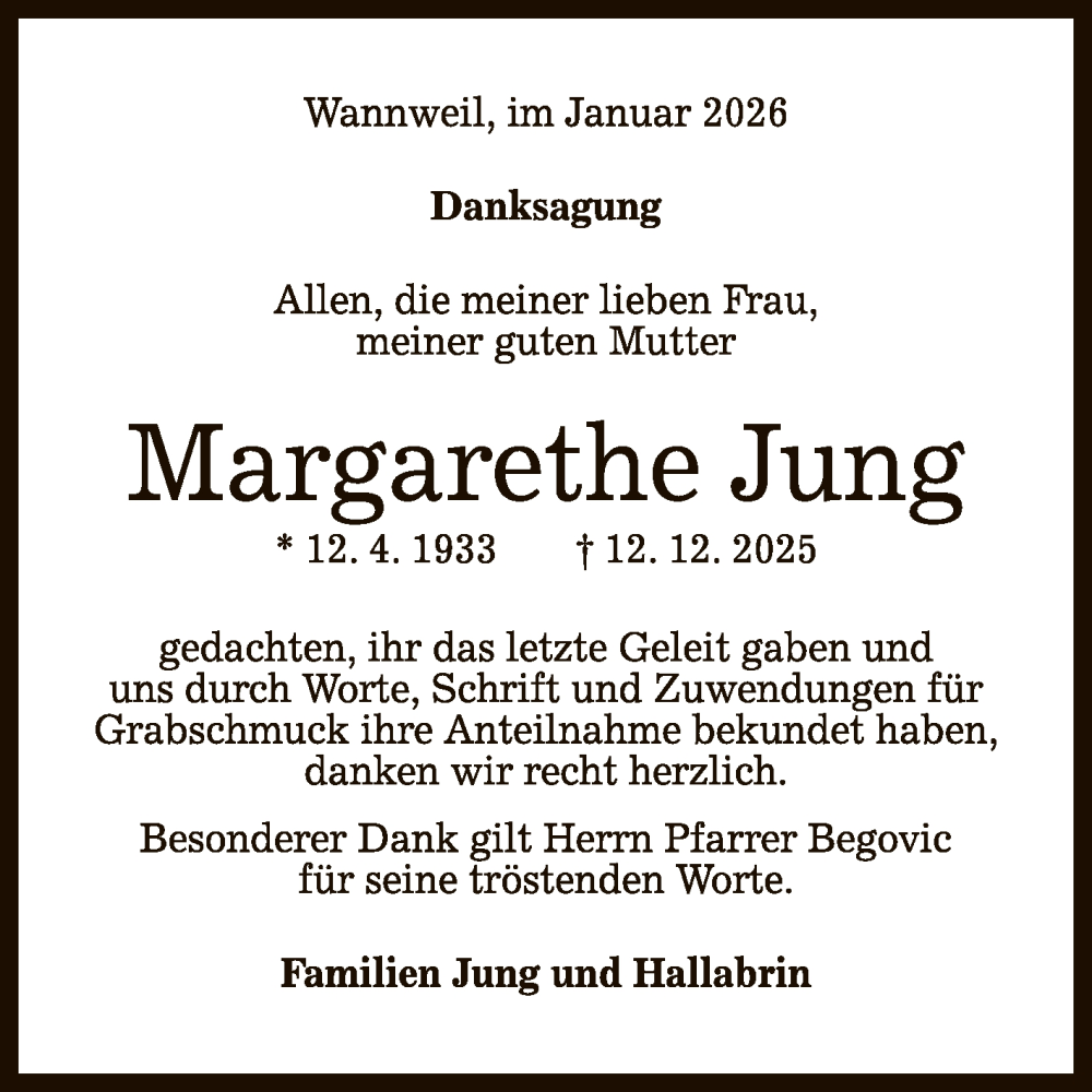  Traueranzeige für Margarethe Jung vom 14.01.2026 aus Reutlinger General-Anzeiger
