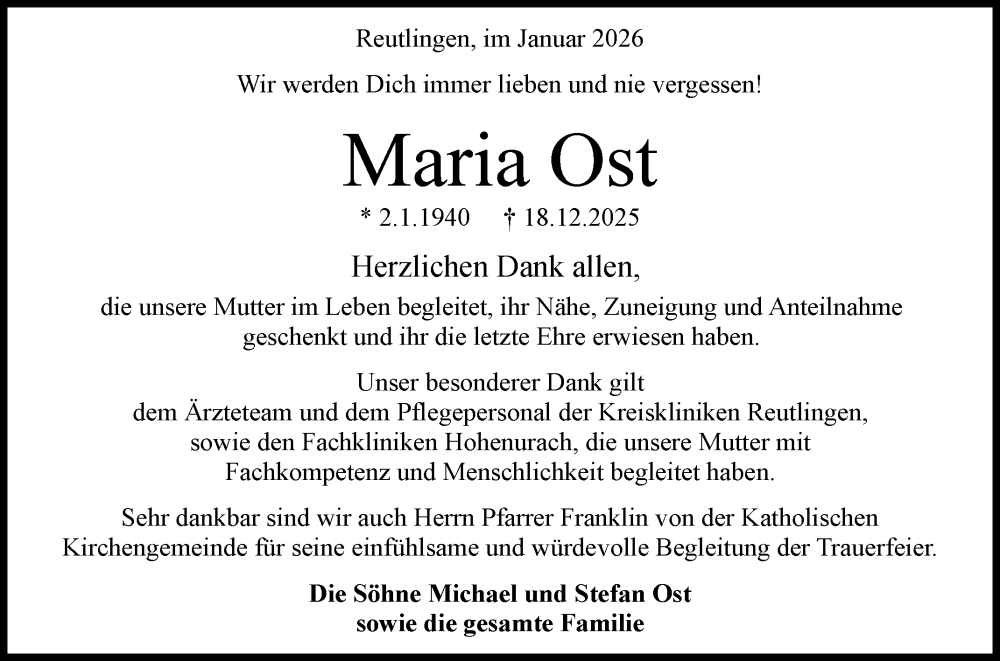  Traueranzeige für Maria Ost vom 17.01.2026 aus Reutlinger General-Anzeiger