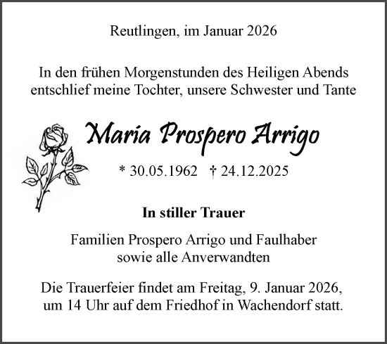 Anzeige von Maria Prospero Arrigo von Reutlinger General-Anzeiger