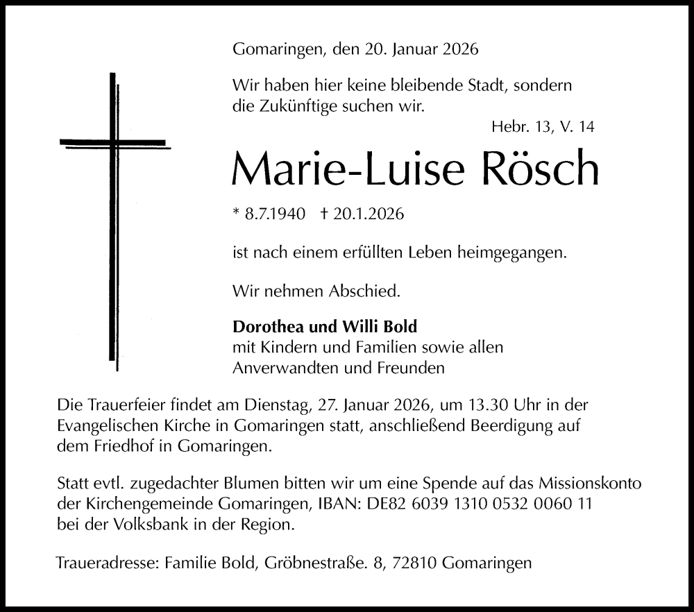  Traueranzeige für Marie-Luise Rösch vom 23.01.2026 aus Reutlinger General-Anzeiger
