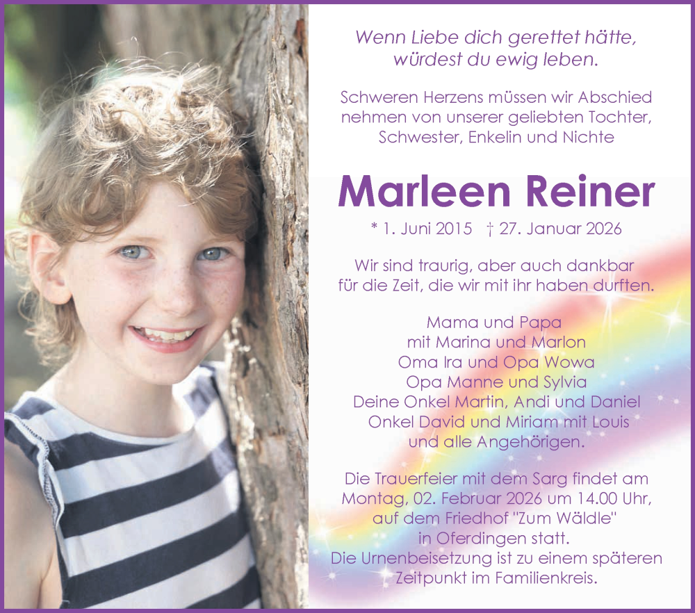  Traueranzeige für Marleen Reiner vom 30.01.2026 aus Reutlinger General-Anzeiger