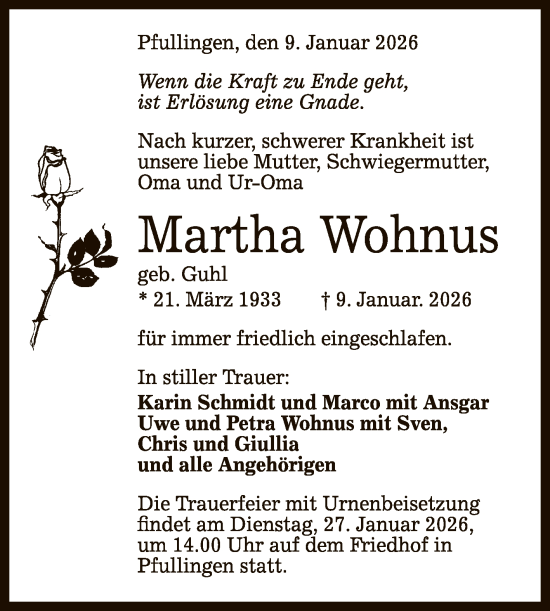 Anzeige von Martha Wohnus von Reutlinger General-Anzeiger