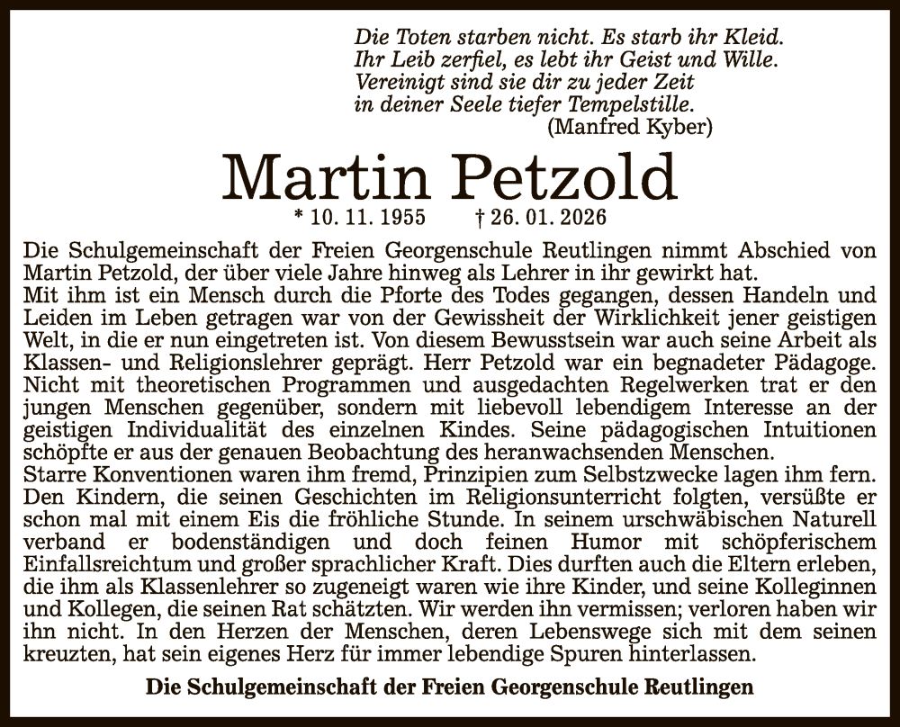  Traueranzeige für Martin Petzold vom 31.01.2026 aus Reutlinger General-Anzeiger