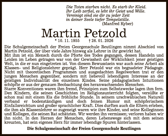 Anzeige von Martin Petzold von Reutlinger General-Anzeiger