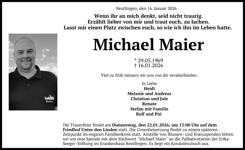  Traueranzeige für Michael Maier vom 20.01.2026 aus Reutlinger General-Anzeiger