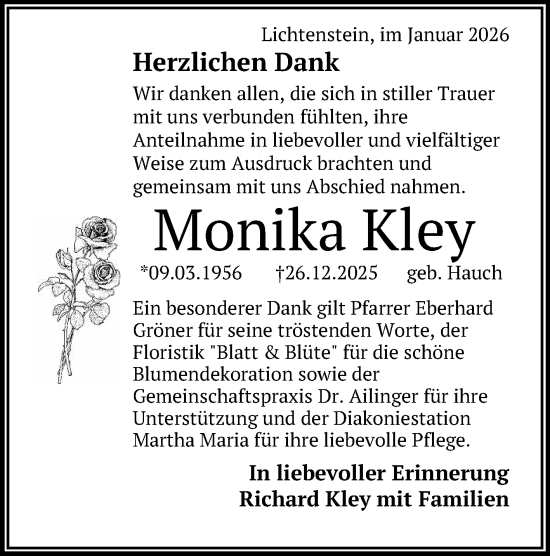 Anzeige von Monika Kley von Reutlinger General-Anzeiger
