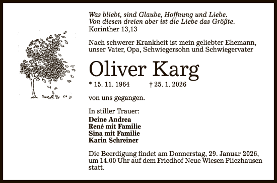 Anzeige von Oliver Karg von Reutlinger General-Anzeiger