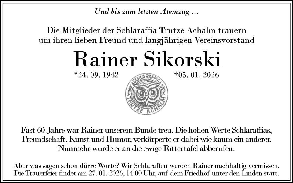  Traueranzeige für Rainer Sikorski vom 10.01.2026 aus Reutlinger General-Anzeiger