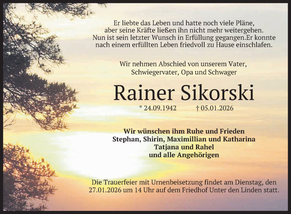  Traueranzeige für Rainer Sikorski vom 10.01.2026 aus Reutlinger General-Anzeiger