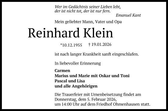 Anzeige von Reinhard Klein von Reutlinger General-Anzeiger