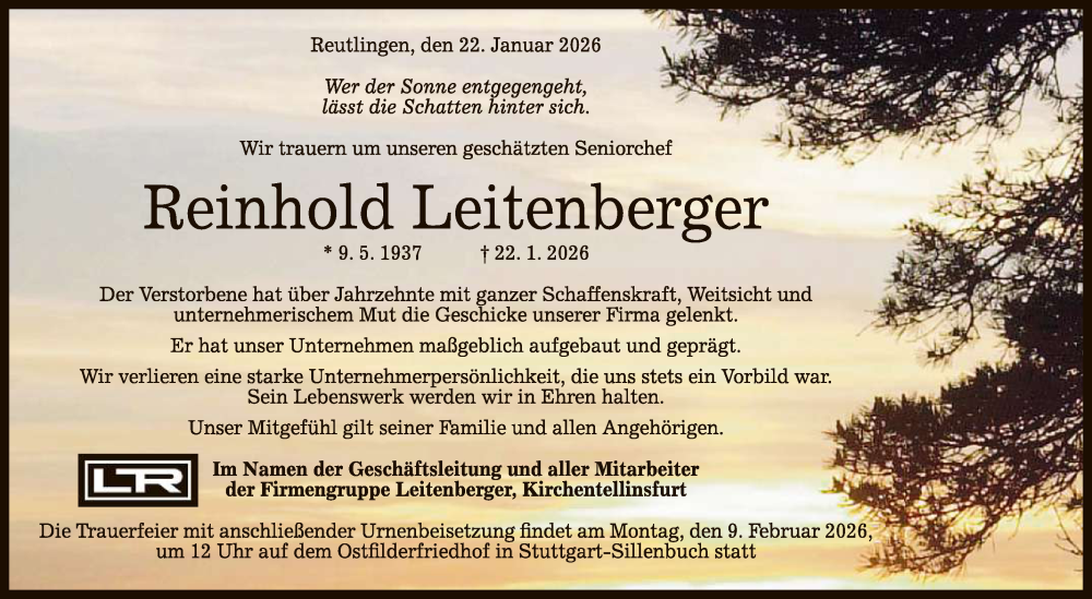  Traueranzeige für Reinhold Leitenberger vom 31.01.2026 aus Reutlinger General-Anzeiger