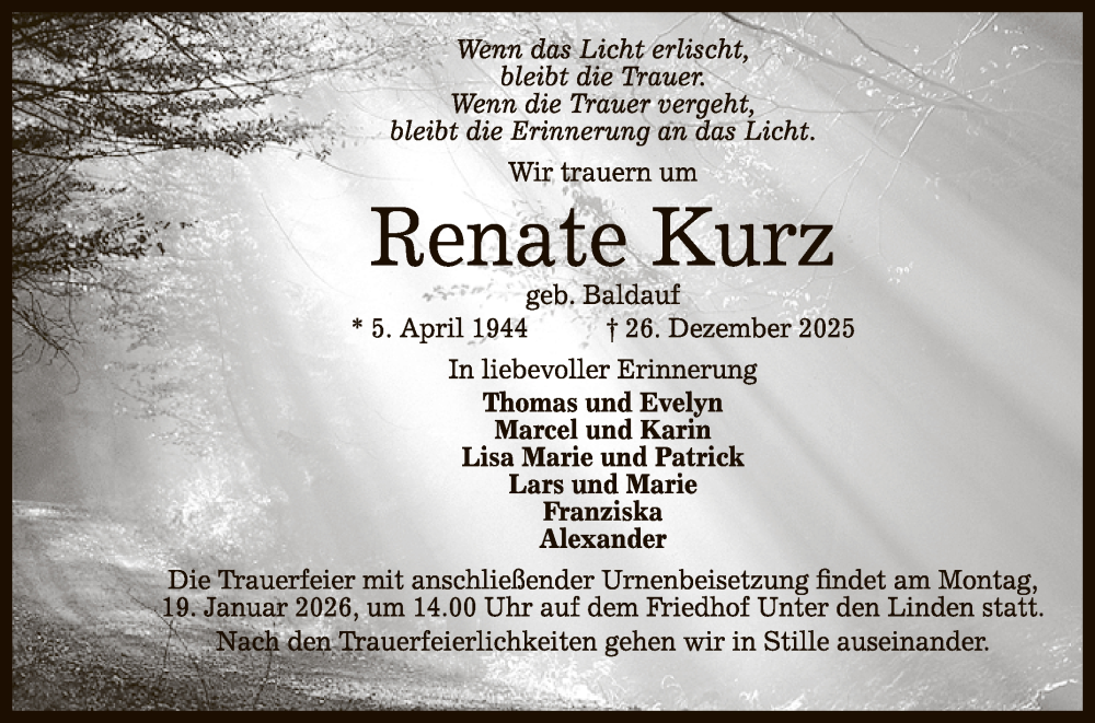  Traueranzeige für Renate Kurz vom 14.01.2026 aus Reutlinger General-Anzeiger
