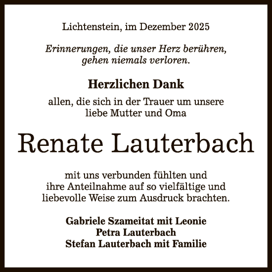 Anzeige von Renate Lauterbach von Reutlinger General-Anzeiger