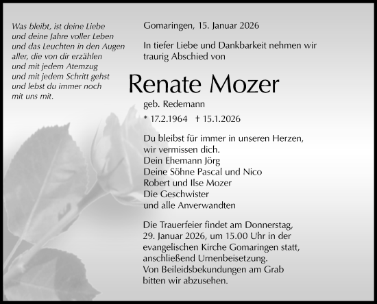 Anzeige von Renate Mozer von Reutlinger General-Anzeiger
