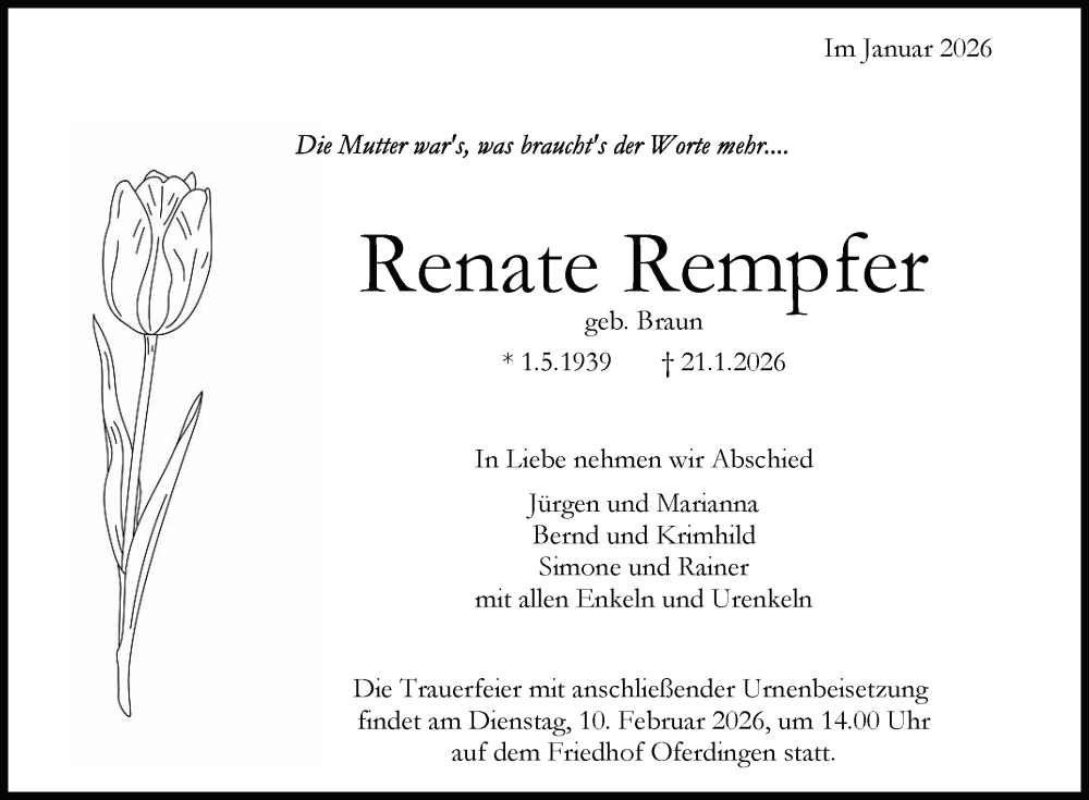  Traueranzeige für Renate Rempfer vom 31.01.2026 aus Reutlinger General-Anzeiger