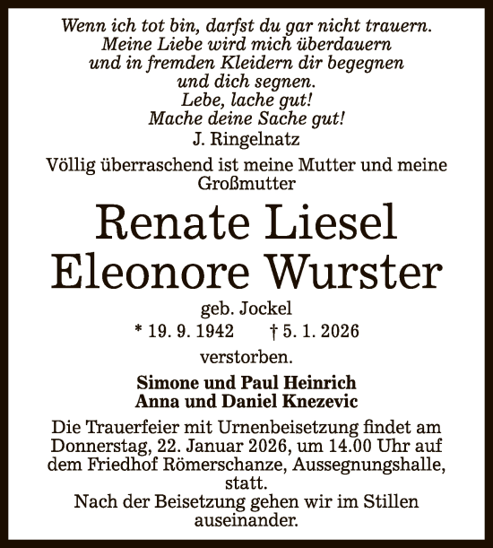 Anzeige von Renate Liesel Eleonore Wurster von Reutlinger General-Anzeiger