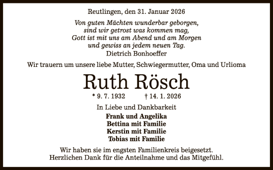 Anzeige von Rösch Rösch von Reutlinger General-Anzeiger