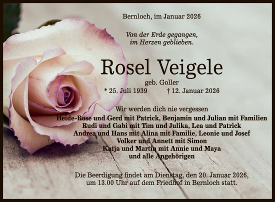 Anzeige von Rosel Veigele von Reutlinger General-Anzeiger