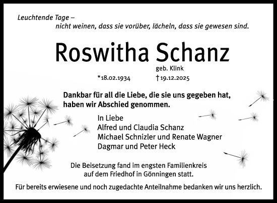 Anzeige von Roswitha Schanz von Reutlinger General-Anzeiger