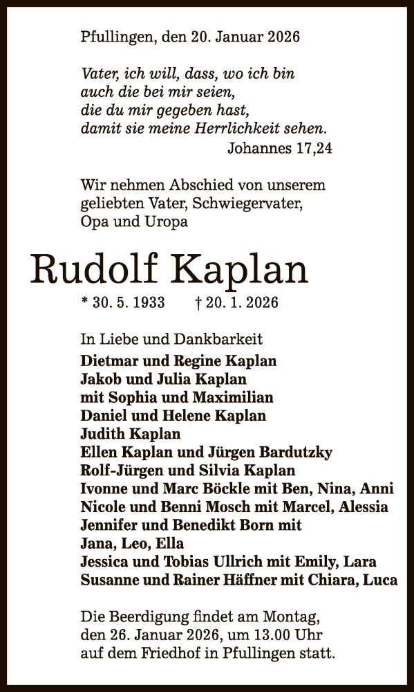  Traueranzeige für Rudolf Kaplan vom 24.01.2026 aus Reutlinger General-Anzeiger