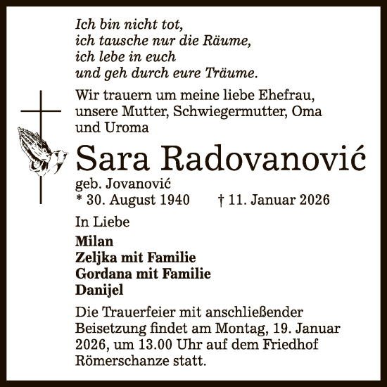 Anzeige von Sara Radovanović von Reutlinger General-Anzeiger
