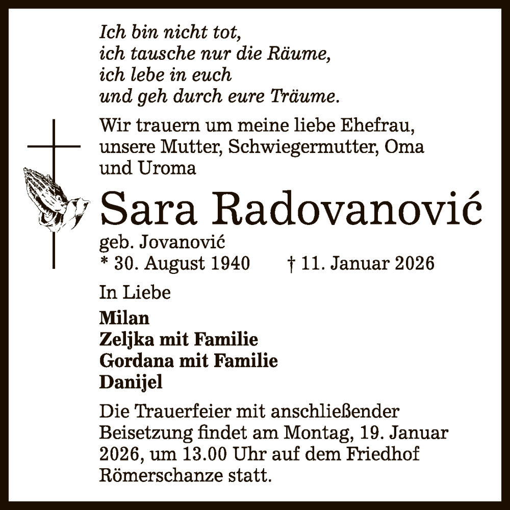  Traueranzeige für Sara Radovanović vom 14.01.2026 aus Reutlinger General-Anzeiger