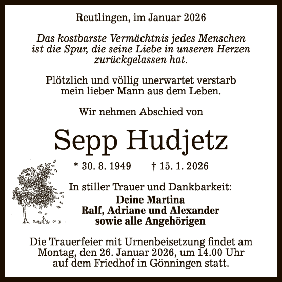Anzeige von Sepp Hudjetz von Reutlinger General-Anzeiger