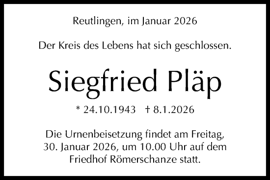 Anzeige von Siegfried Pläp von Reutlinger General-Anzeiger