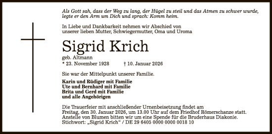 Anzeige von Sigrid Krich von Reutlinger General-Anzeiger