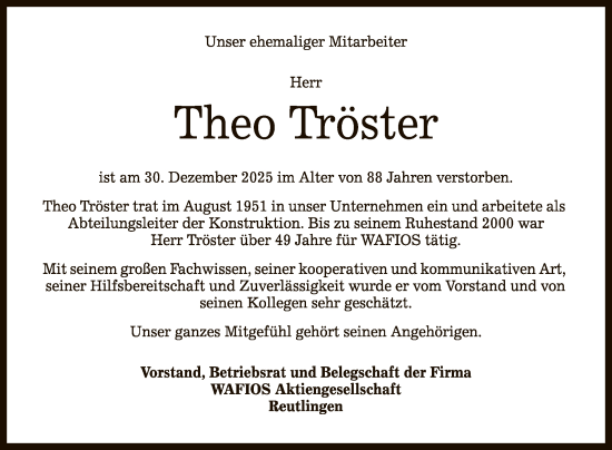 Anzeige von Theo Tröster von Reutlinger General-Anzeiger