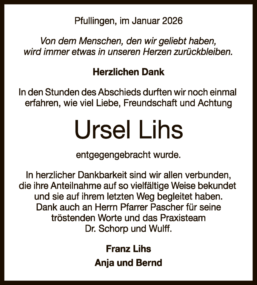  Traueranzeige für Ursel Lihs vom 31.01.2026 aus Reutlinger General-Anzeiger