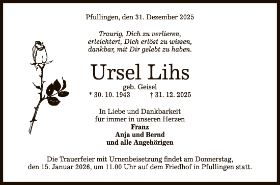 Anzeige von Ursel Lihs von Reutlinger General-Anzeiger