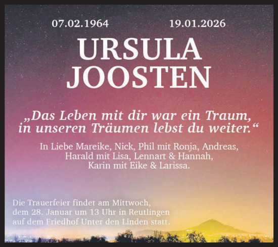 Anzeige von Ursula Joosten von Reutlinger General-Anzeiger