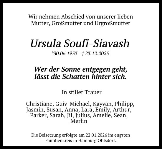 Anzeige von Ursula Soufi-Siavash von Reutlinger General-Anzeiger