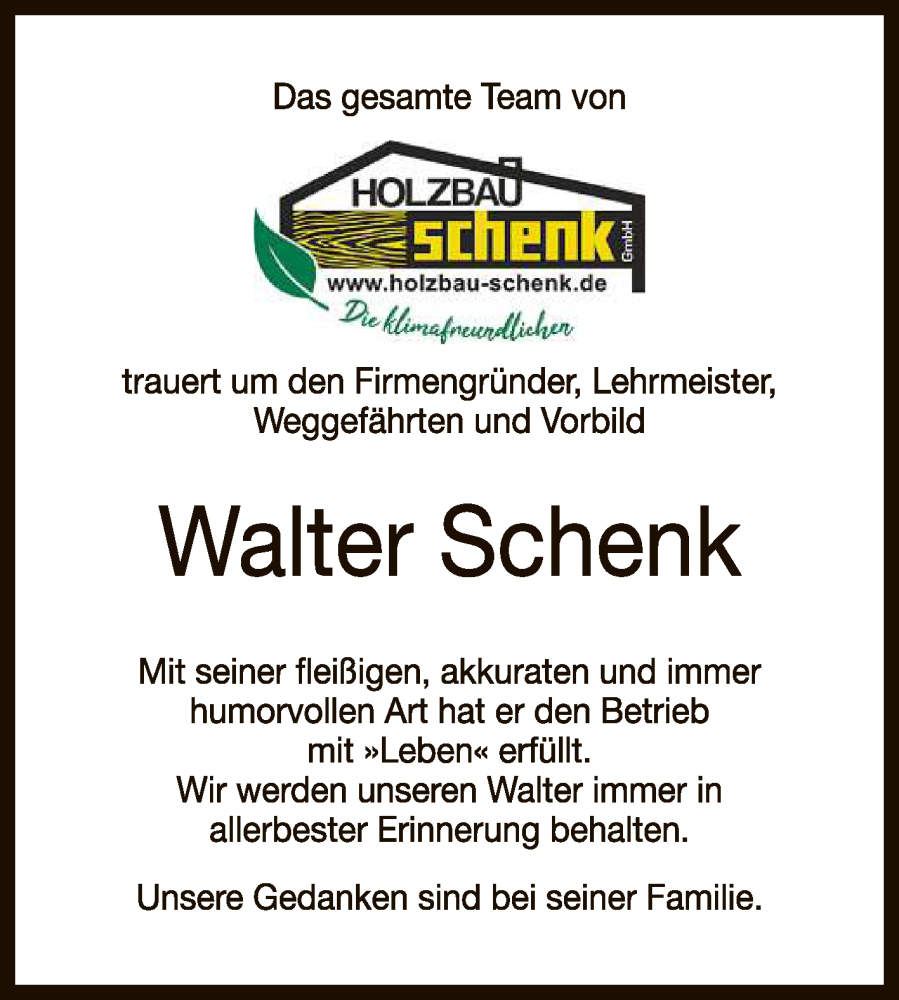  Traueranzeige für Walter Schenk vom 31.01.2026 aus Reutlinger General-Anzeiger