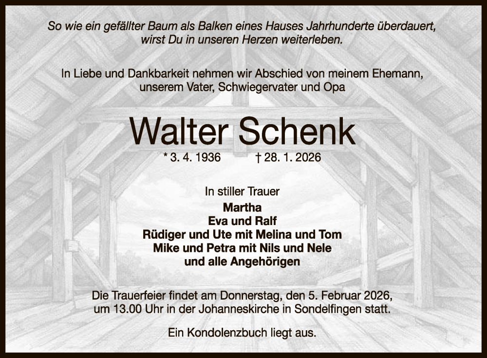  Traueranzeige für Walter Schenk vom 31.01.2026 aus Reutlinger General-Anzeiger