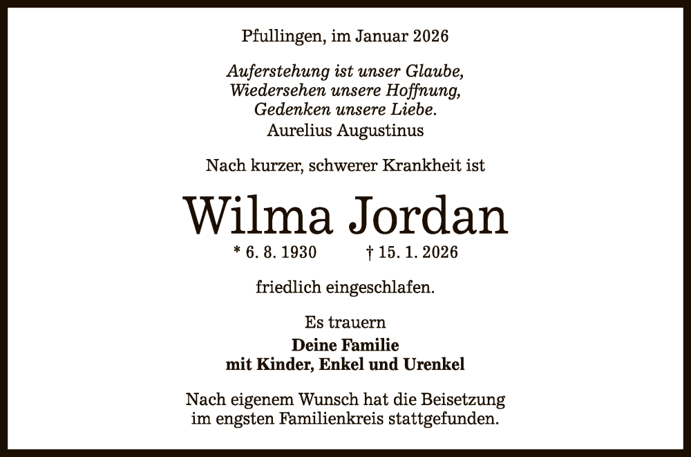  Traueranzeige für Wilma Jordan vom 31.01.2026 aus Reutlinger General-Anzeiger